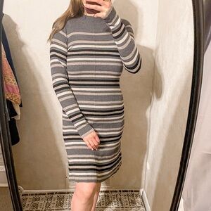 Theory Canonical Striped Ribbed Knit Fitted Midi Dress